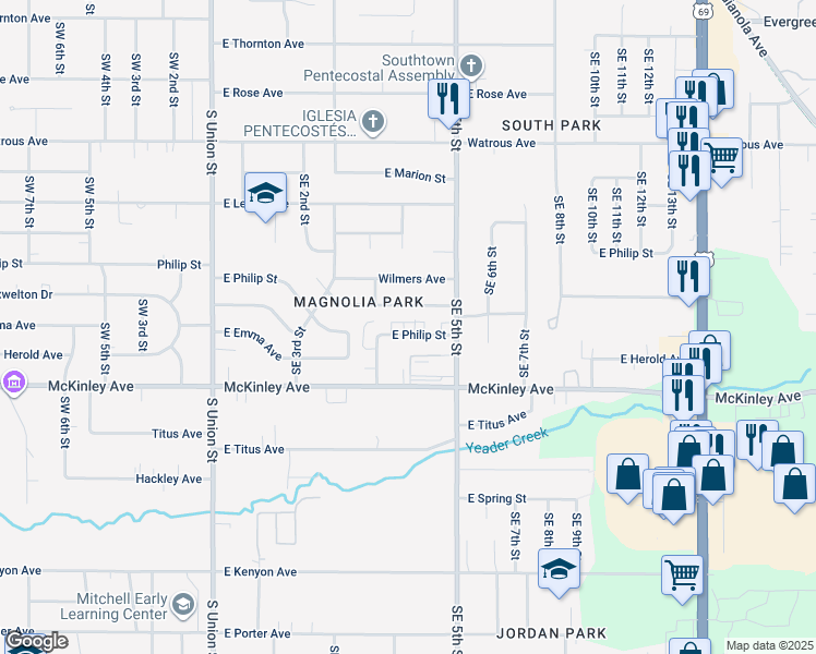 map of restaurants, bars, coffee shops, grocery stores, and more near 414 East Philip Street in Des Moines