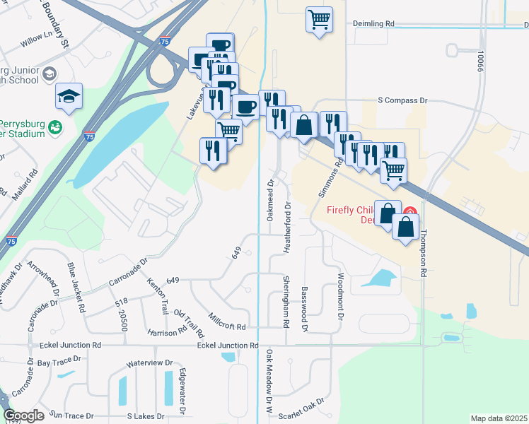 map of restaurants, bars, coffee shops, grocery stores, and more near 26917 Oakmead Drive in Perrysburg