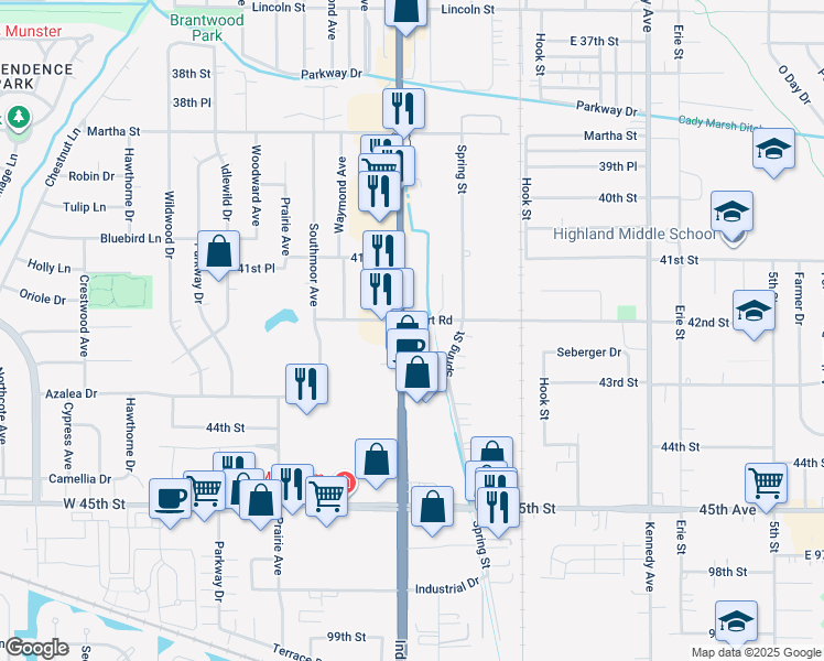 map of restaurants, bars, coffee shops, grocery stores, and more near 9407 Indianapolis Blvd in Highland