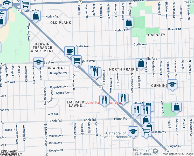 map of restaurants, bars, coffee shops, grocery stores, and more near 1060 North May Street in Joliet