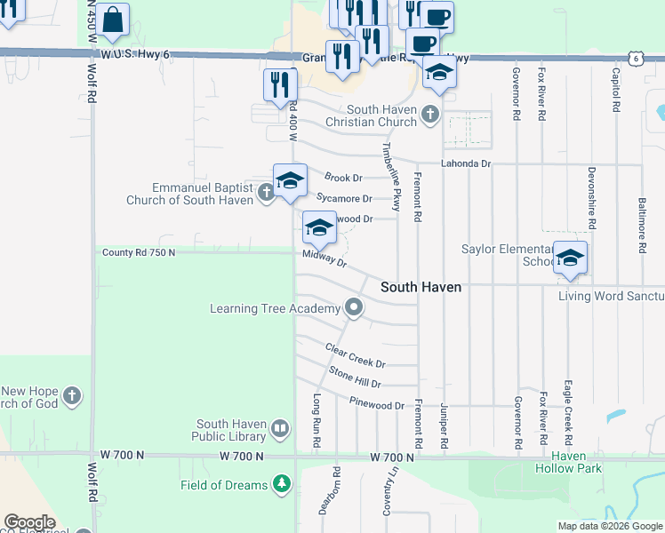 map of restaurants, bars, coffee shops, grocery stores, and more near 390 Midway Drive in Valparaiso