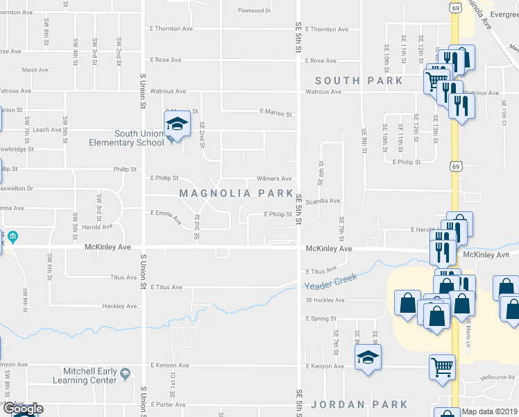 map of restaurants, bars, coffee shops, grocery stores, and more near 414 East Philip Street in Des Moines