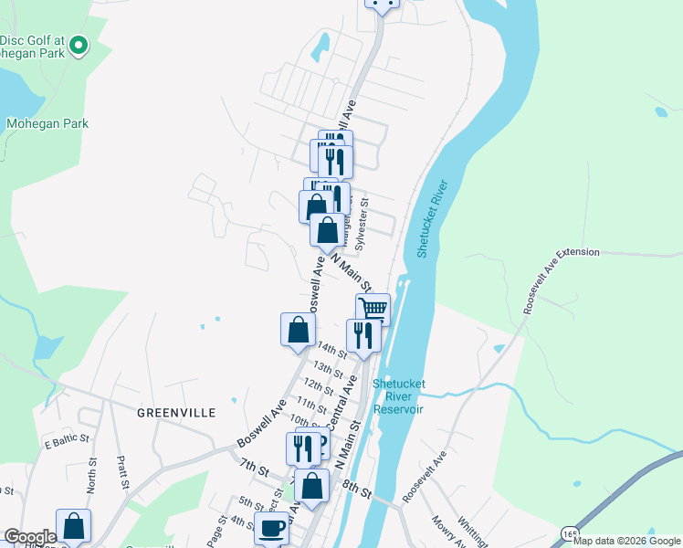 map of restaurants, bars, coffee shops, grocery stores, and more near 742 North Main Street in Norwich