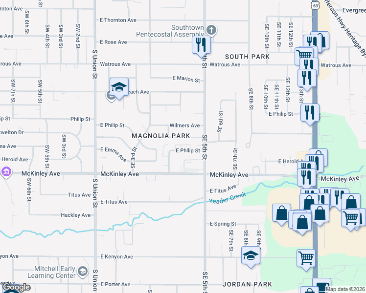 map of restaurants, bars, coffee shops, grocery stores, and more near 424 East Philip Street in Des Moines