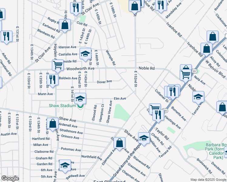 map of restaurants, bars, coffee shops, grocery stores, and more near 14620 Alder Avenue in East Cleveland