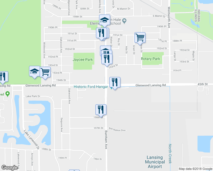 map of restaurants, bars, coffee shops, grocery stores, and more near Burnham Ave & Glenwood Lansing Rd in Lansing
