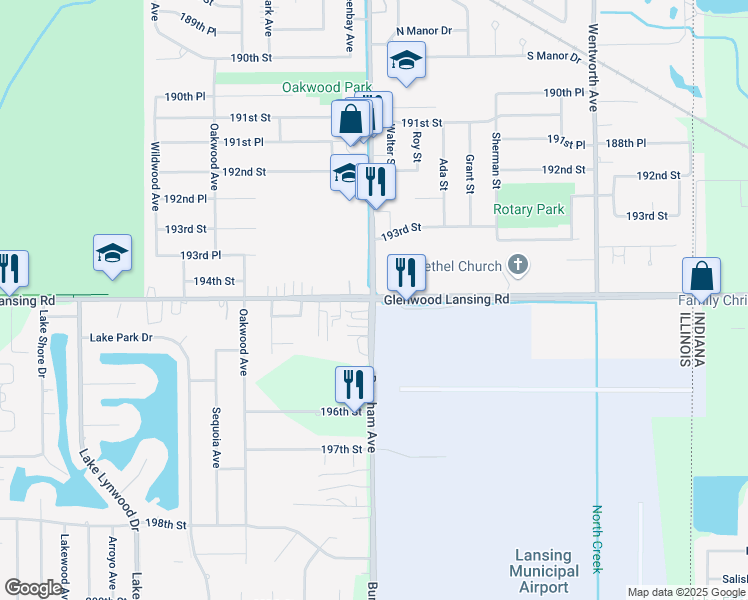 map of restaurants, bars, coffee shops, grocery stores, and more near Burnham Ave & Glenwood Lansing Rd in Lansing