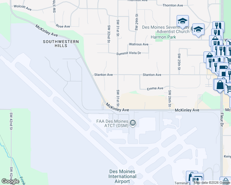 map of restaurants, bars, coffee shops, grocery stores, and more near 4504 Southwest 31st Street in Des Moines