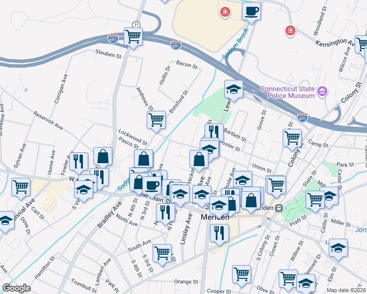 map of restaurants, bars, coffee shops, grocery stores, and more near 59 North Street in Meriden