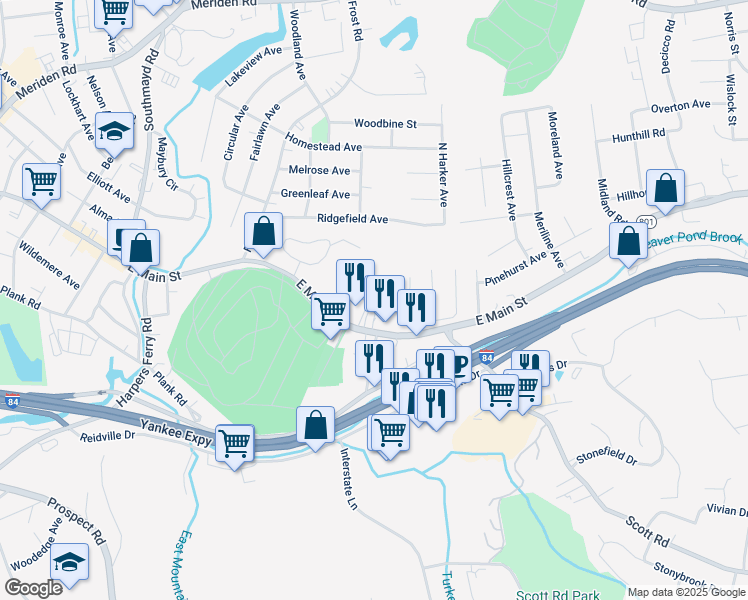 map of restaurants, bars, coffee shops, grocery stores, and more near 111 Blanchard Street in Waterbury