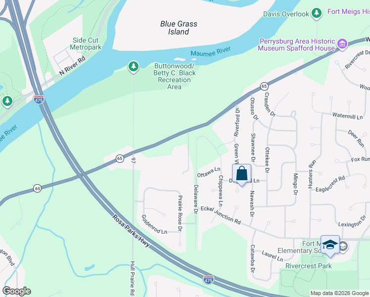 map of restaurants, bars, coffee shops, grocery stores, and more near 26976 West River Road in Perrysburg
