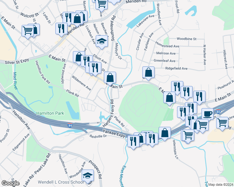 map of restaurants, bars, coffee shops, grocery stores, and more near 30 Ashmun Street in Waterbury