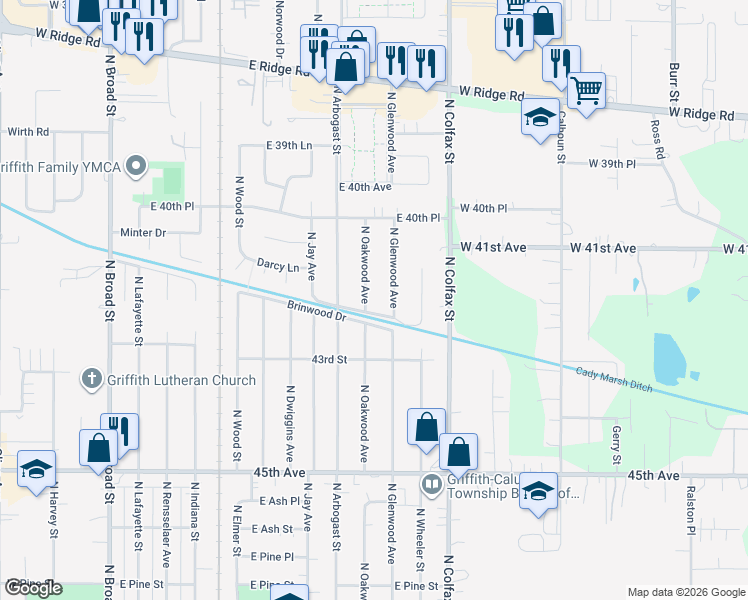 map of restaurants, bars, coffee shops, grocery stores, and more near 900-998 East Lawndale Drive in Griffith