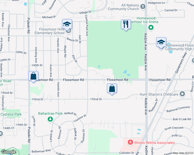 map of restaurants, bars, coffee shops, grocery stores, and more near 1047 Oak Court in Flossmoor