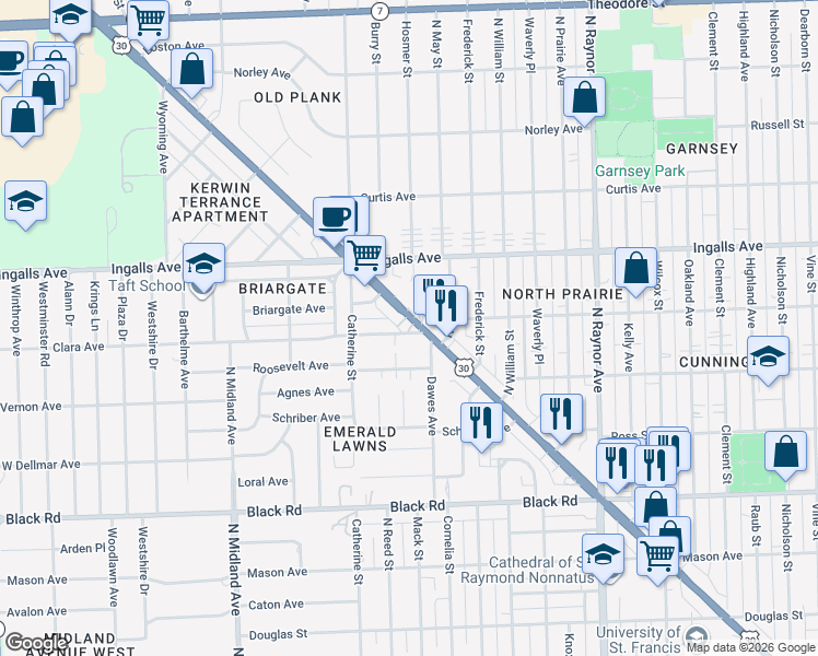map of restaurants, bars, coffee shops, grocery stores, and more near 1100 Plainfield Road in Joliet