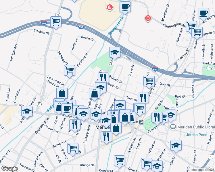 map of restaurants, bars, coffee shops, grocery stores, and more near 81 Springdale Avenue in Meriden