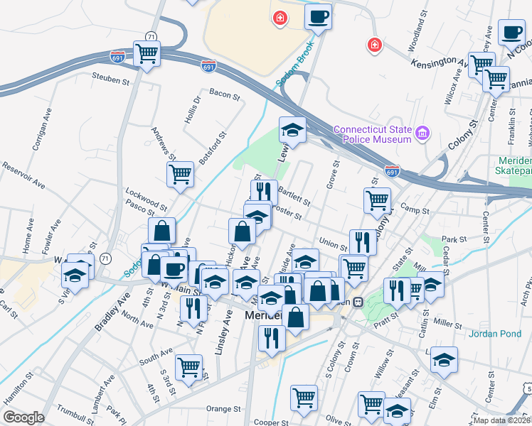 map of restaurants, bars, coffee shops, grocery stores, and more near 81 Springdale Avenue in Meriden
