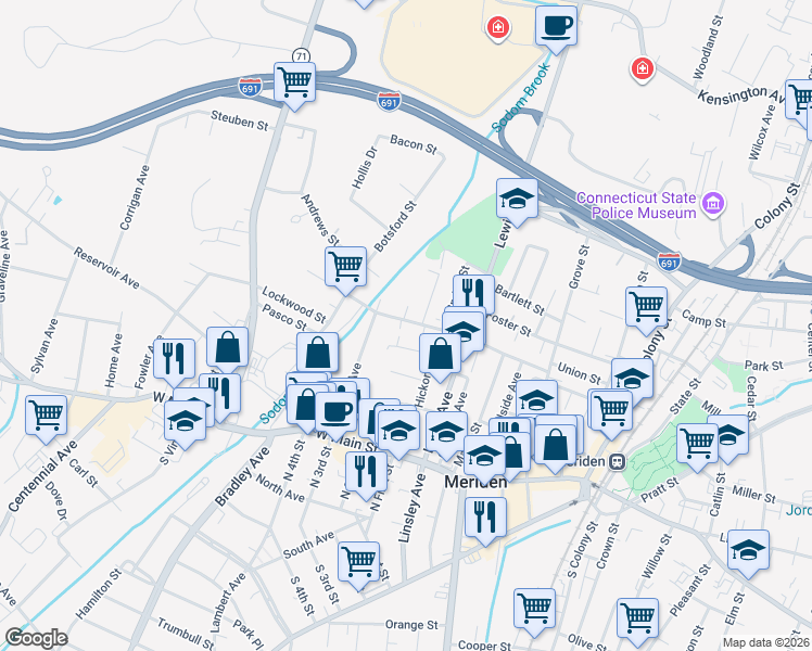 map of restaurants, bars, coffee shops, grocery stores, and more near 59 North Street in Meriden