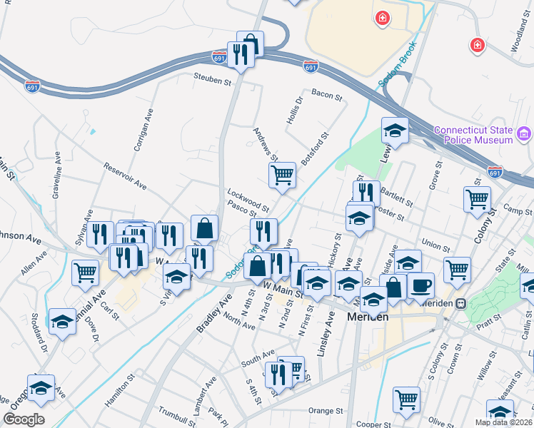 map of restaurants, bars, coffee shops, grocery stores, and more near 40 Ames Avenue in Meriden
