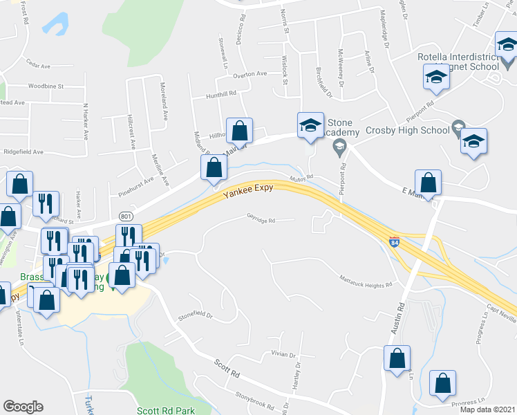 map of restaurants, bars, coffee shops, grocery stores, and more near 353 Schraffts Drive in Waterbury
