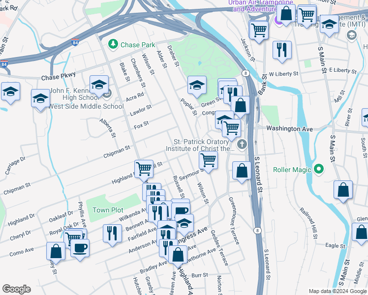 map of restaurants, bars, coffee shops, grocery stores, and more near 557 Wilson Street in Waterbury