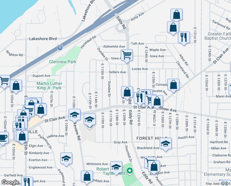 map of restaurants, bars, coffee shops, grocery stores, and more near 536 East 118th Street in Cleveland