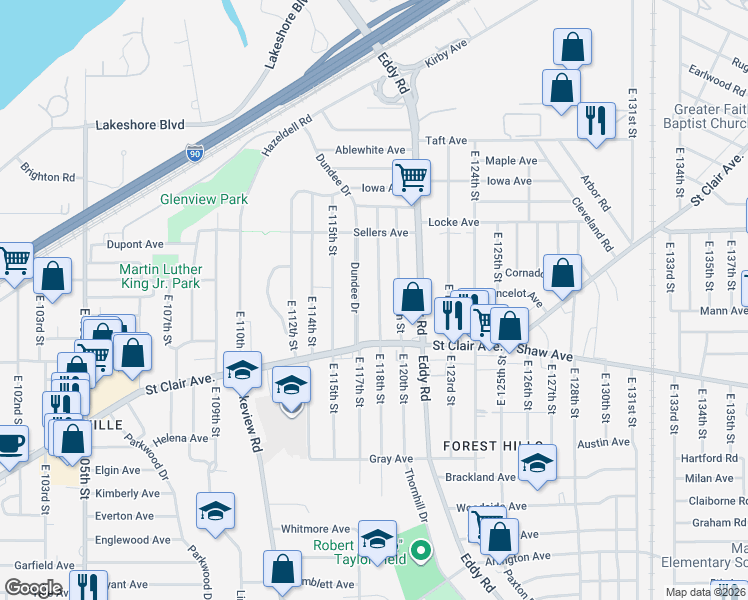map of restaurants, bars, coffee shops, grocery stores, and more near 536 East 118th Street in Cleveland