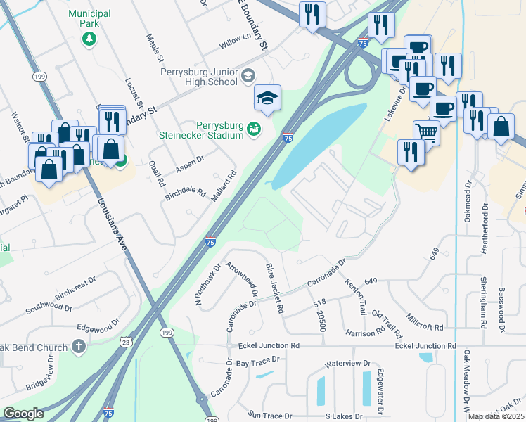 map of restaurants, bars, coffee shops, grocery stores, and more near 26555 Carronade Drive in Perrysburg