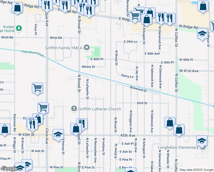 map of restaurants, bars, coffee shops, grocery stores, and more near 1140-42 North Wood Court in Griffith