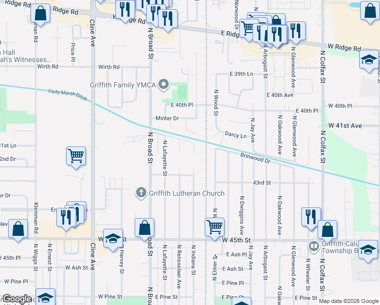 map of restaurants, bars, coffee shops, grocery stores, and more near 1143 North Broad Street in Griffith