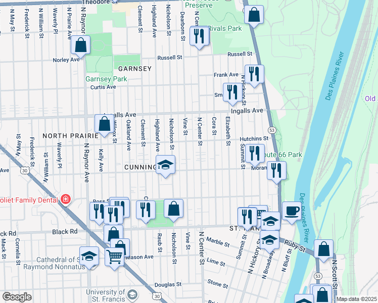 map of restaurants, bars, coffee shops, grocery stores, and more near 1011 Vine Street in Joliet