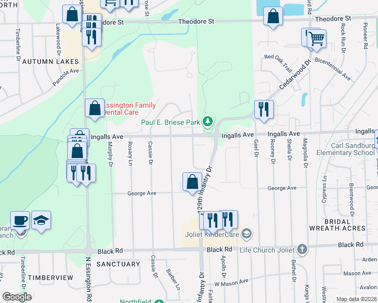 map of restaurants, bars, coffee shops, grocery stores, and more near 1105 Rock Springs Drive in Joliet
