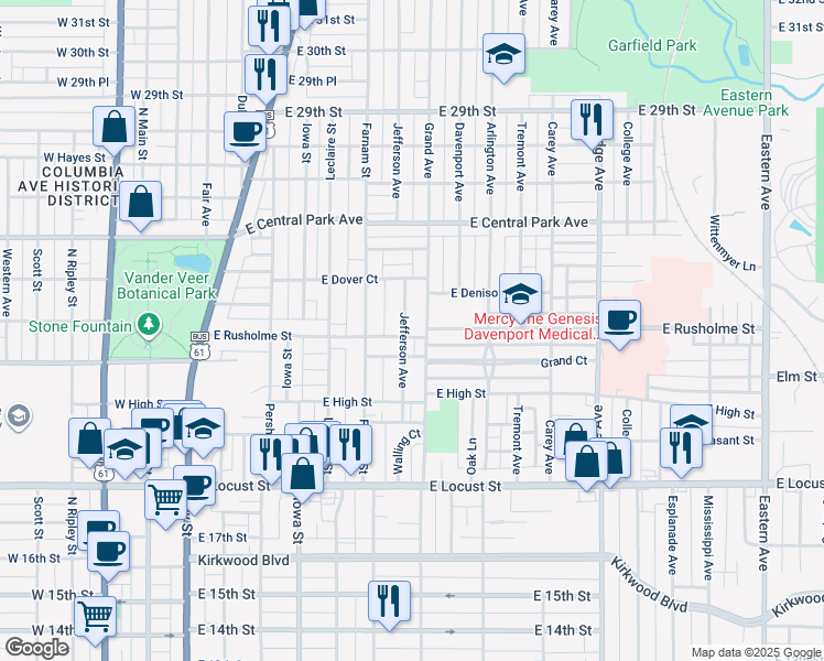 map of restaurants, bars, coffee shops, grocery stores, and more near 2217 Jefferson Avenue in Davenport