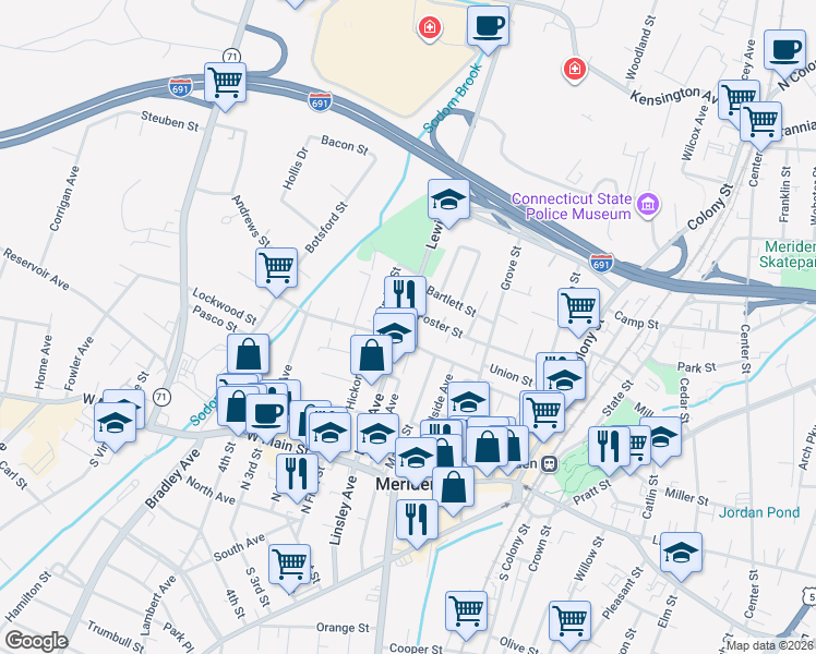 map of restaurants, bars, coffee shops, grocery stores, and more near 81 Springdale Avenue in Meriden