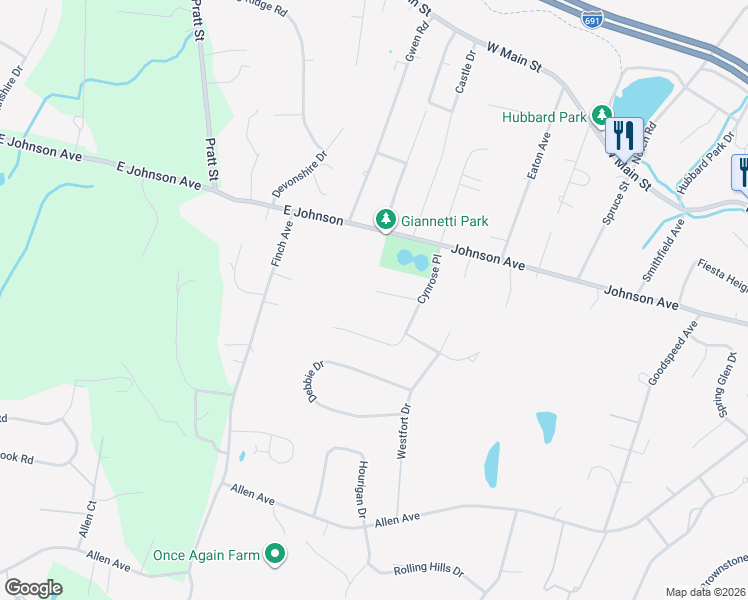 map of restaurants, bars, coffee shops, grocery stores, and more near 54 Ian Drive in Meriden