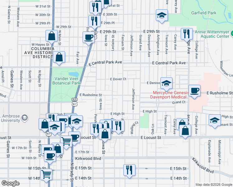 map of restaurants, bars, coffee shops, grocery stores, and more near 2206 Leclaire Street in Davenport
