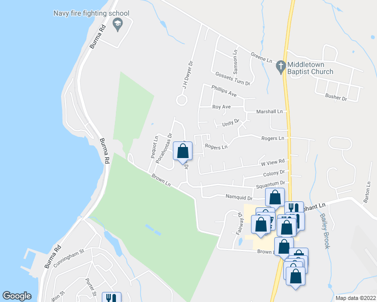 map of restaurants, bars, coffee shops, grocery stores, and more near 15 Algonquin Drive in Middletown