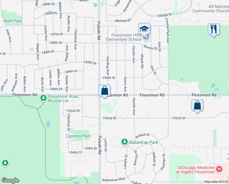 map of restaurants, bars, coffee shops, grocery stores, and more near 19050 Springfield Avenue in Flossmoor