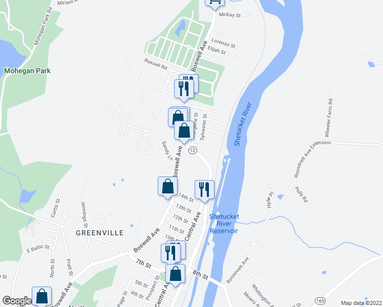 map of restaurants, bars, coffee shops, grocery stores, and more near 742 North Main Street in Norwich