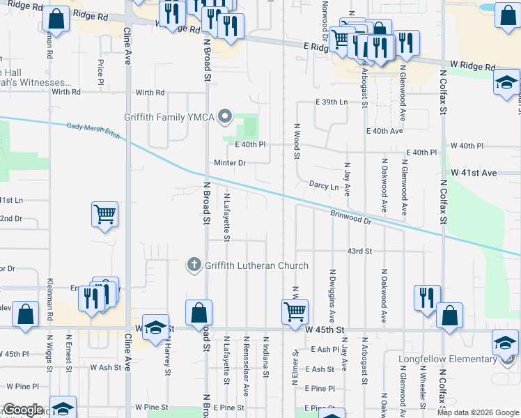 map of restaurants, bars, coffee shops, grocery stores, and more near 1143 North Broad Street in Griffith
