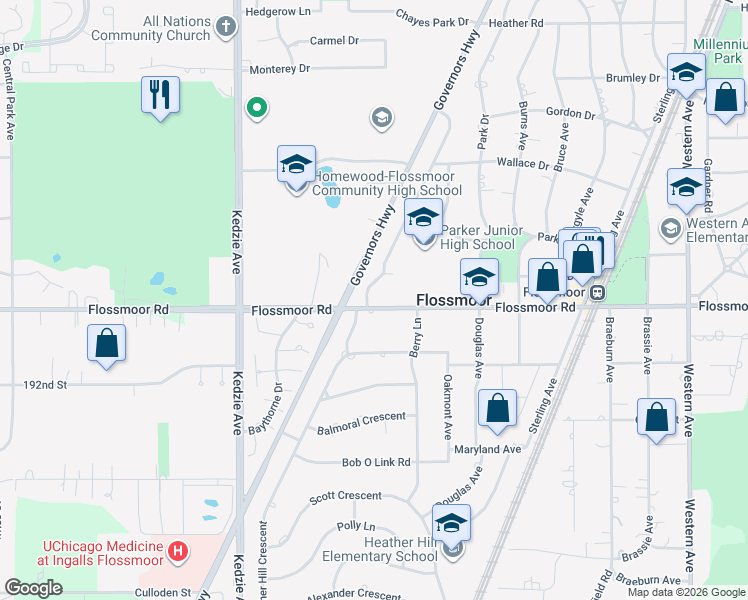 map of restaurants, bars, coffee shops, grocery stores, and more near 1111 Heather Hill Crescent in Flossmoor