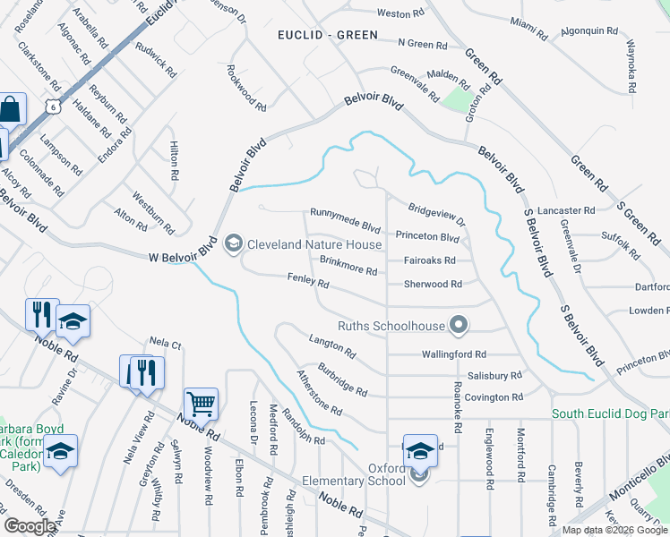 map of restaurants, bars, coffee shops, grocery stores, and more near 3649 Fenley Road in Cleveland Heights