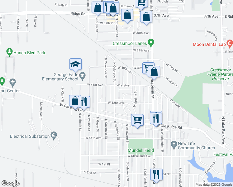 map of restaurants, bars, coffee shops, grocery stores, and more near 327 North Colorado Street in Hobart