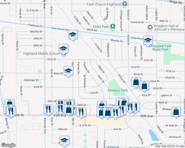 map of restaurants, bars, coffee shops, grocery stores, and more near 9423 Forrest Dr in Highland