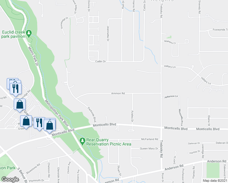 map of restaurants, bars, coffee shops, grocery stores, and more near 4495 Ammon Road in Cleveland