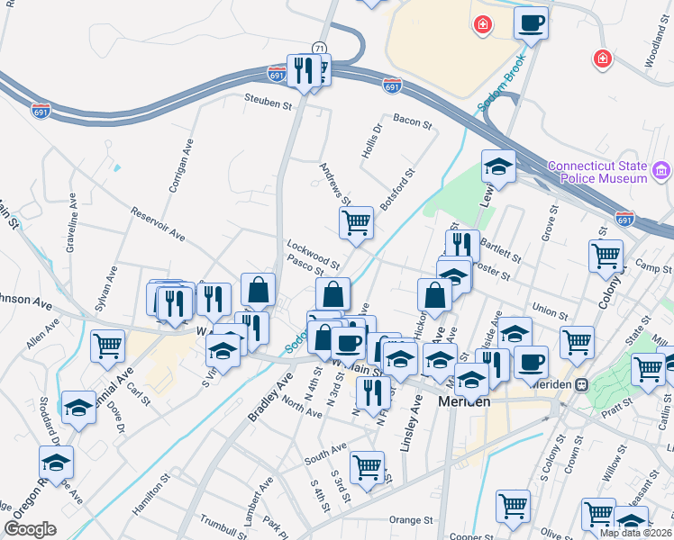 map of restaurants, bars, coffee shops, grocery stores, and more near 40 Ames Avenue in Meriden