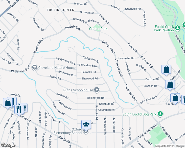 map of restaurants, bars, coffee shops, grocery stores, and more near 3823 Sherwood Road in South Euclid