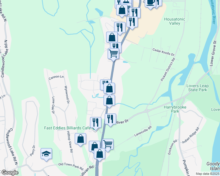 map of restaurants, bars, coffee shops, grocery stores, and more near Danbury Road & Willow Springs in New Milford