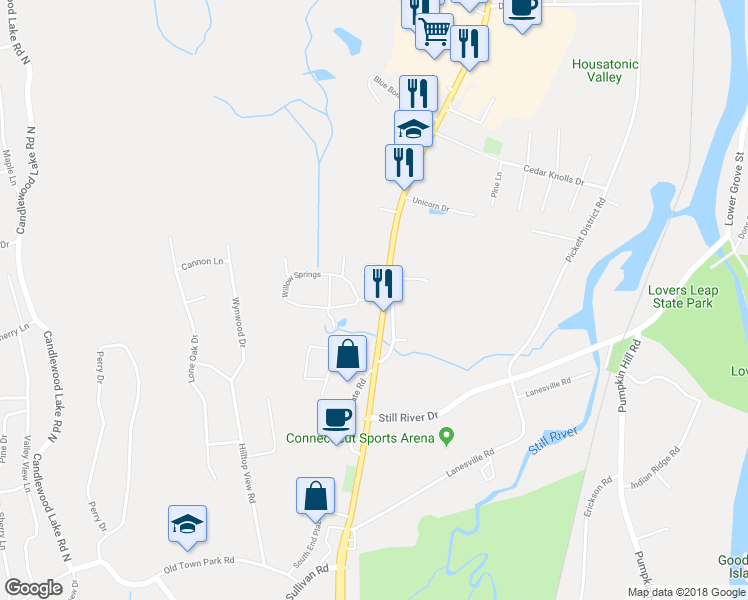 map of restaurants, bars, coffee shops, grocery stores, and more near 159 Willow Springs in New Milford