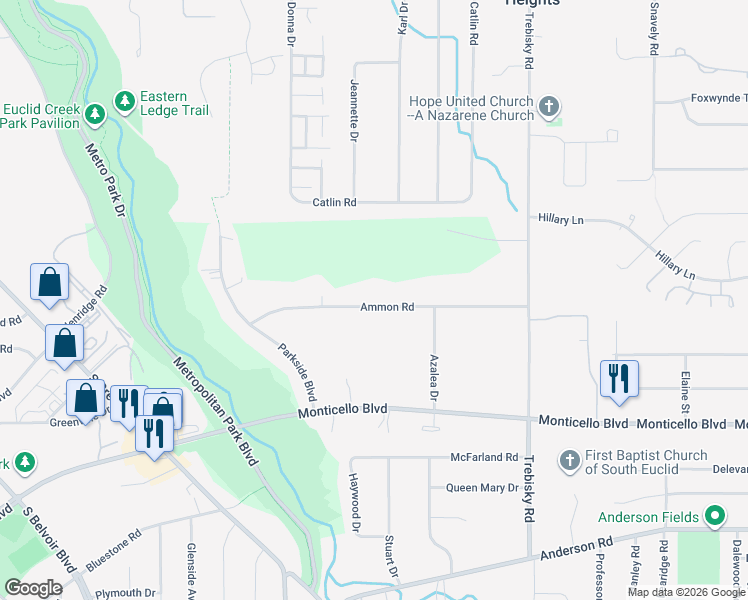map of restaurants, bars, coffee shops, grocery stores, and more near 4495 Ammon Road in Cleveland